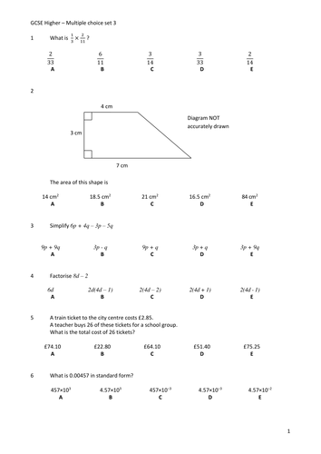 Multiple Choice Questions: GCSE Maths Higher Tier