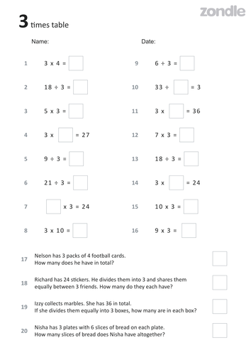 zondle TABLES! 3x table Practice Test (paper)