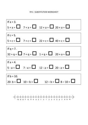 substitution worksheet with number line teaching resources