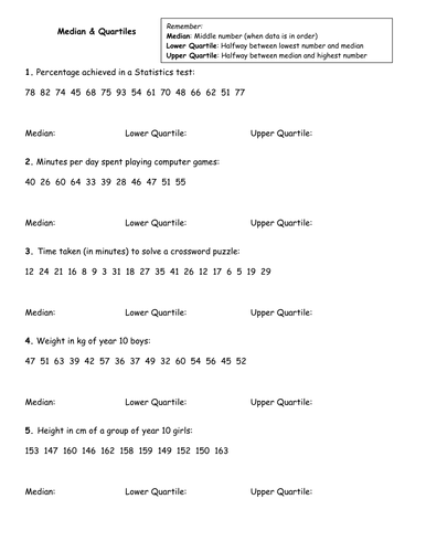 Median, Quartiles & Box plots worksheets | Teaching Resources