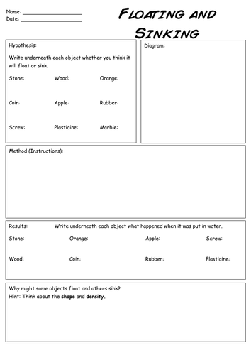 Floating And Sinking Experiment Sheet