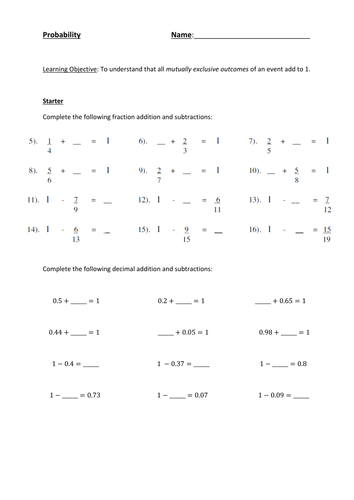 Probability And Mutually Exclusive Events Teaching Resources