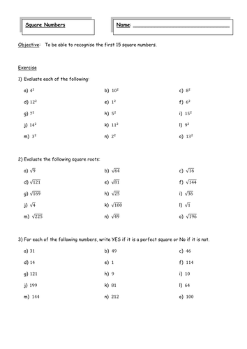 Square Numbers Worksheet