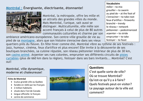 La ville de Montréal: KS4 comprehension