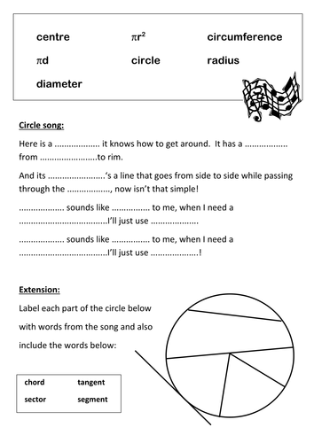 Circle Song worksheet to promote literacy in Maths