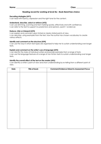 Reading Record Sheets - For classroom use
