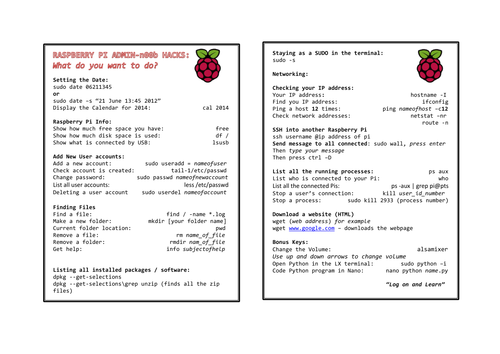 Raspberry Pi Noob Bookmark & Admin Cheat sheet