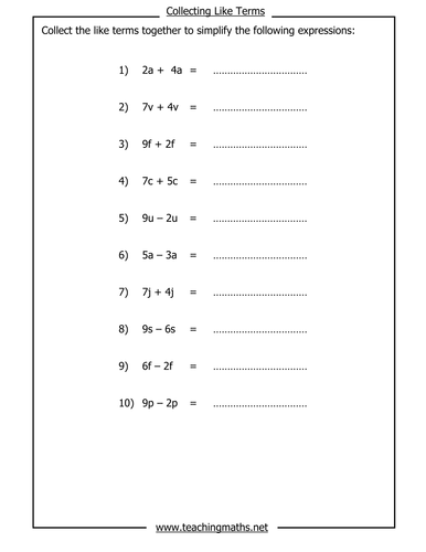 Collecting Like Terms by TeachingMaths_ - Teaching Resources - Tes