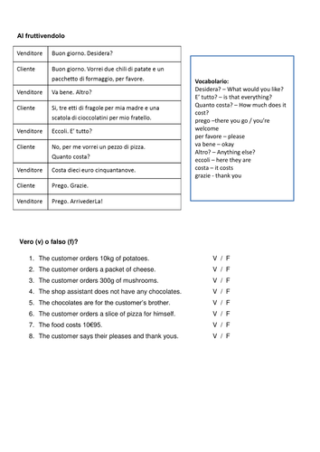 Al fruttivendolo worksheet - shopping, Italian