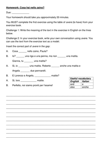 Avere worksheet with school equipment