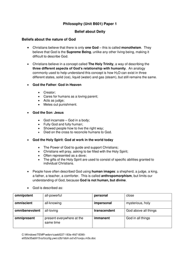 Belief about Deity: Revision Sheet 1