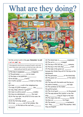 Present continuous tense with a busy street scene