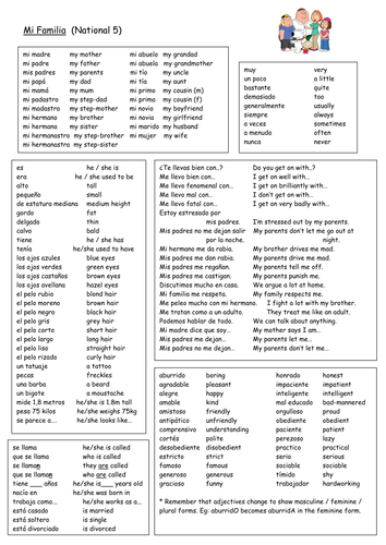Spanish Vocabulary Revision: Family - N4/N5/GCSE