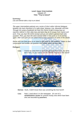 Upper Intermediate English Language:Trip to Island