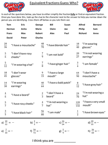 Equivalent and Simplifying Fractions Guess Who?