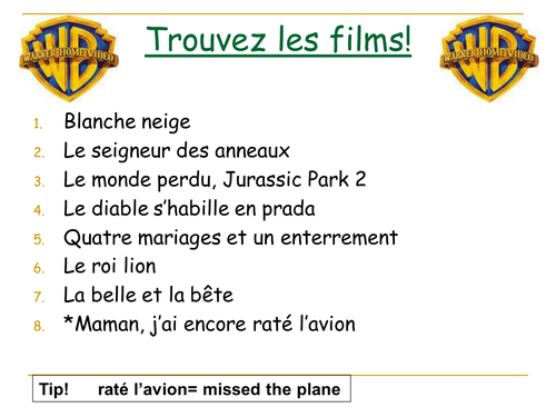 Film genres French lesson, vocabulary Teaching Resources