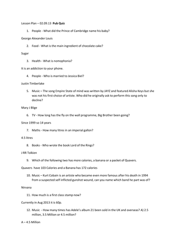 Pub Quiz for Year 11'S