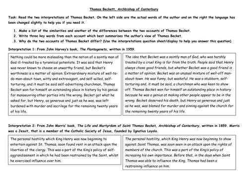 Thomas Beckett Interpretations Worksheet