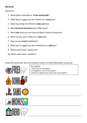 Stadt / Town reading comprehension /class activity