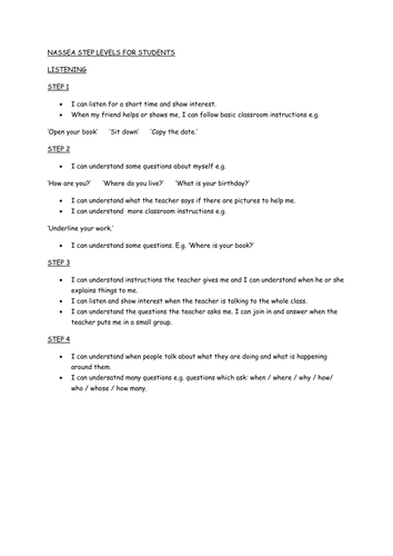 NASSEA Step levels for students (steps 1-4)