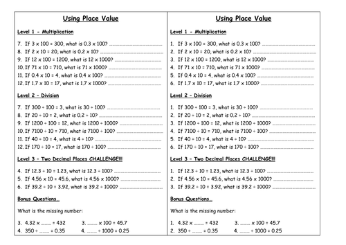 Multiplying & Dividing By 10, 100 & 1000 | Teaching Resources