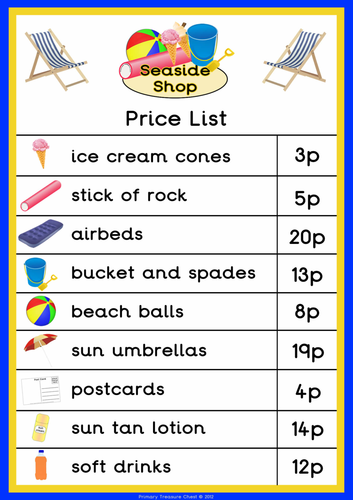 Seaside Shop Price List