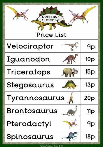 Dinosaur Souvenir Shop Price List