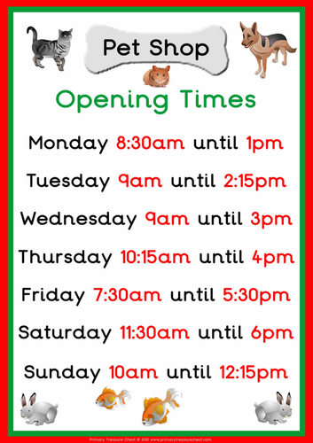 Pet Shop opening times poster