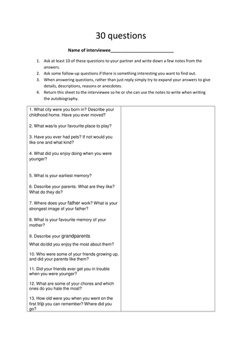 Interview sheet for autobiographical writing