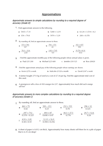 Approximation Worksheet