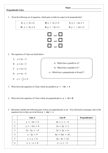 Perpendicular Lines Worksheet