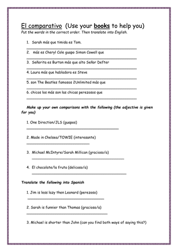 Spanish Comparative and Superlative worksheet