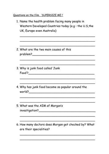 Questions To Accompany Supersize Me Teaching Resources