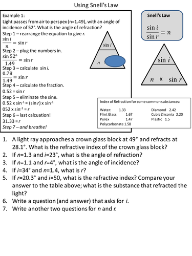 Snell's Law Practice Problems Worksheet With Answers - Super Teacher