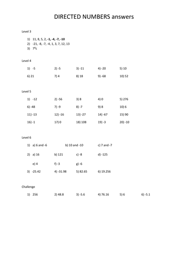 directed numbers level mat teaching resources