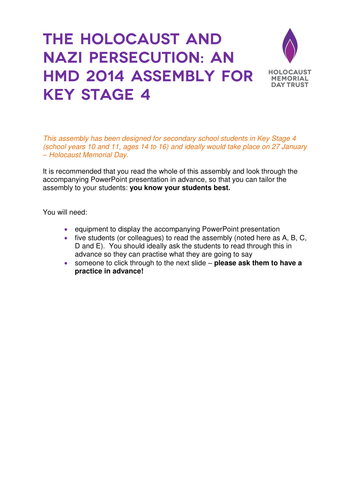 Assembly for KS4 for Holocaust Memorial Day 2014