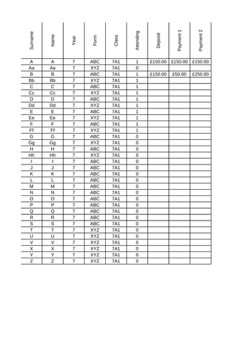 School Trip/Prom Payment Spreadsheet