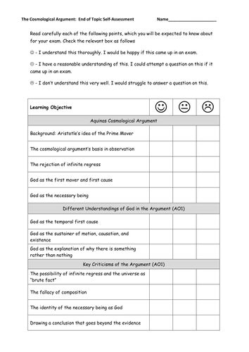 Cosmological Argument - Student Self Assessment