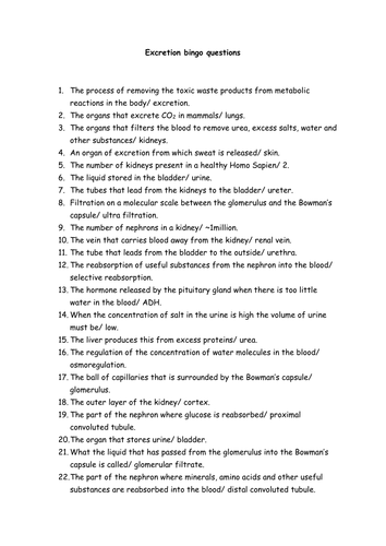 Excretion bingo questions