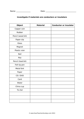 Conductors and Insulators KS2 Lesson Plan and Worksheet