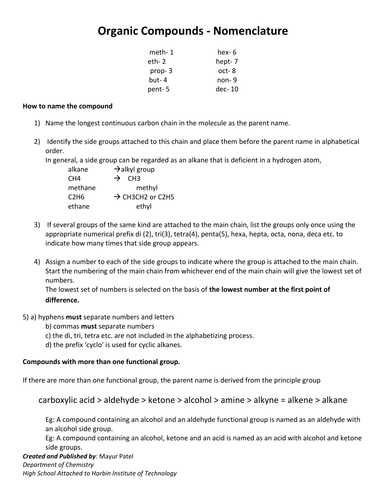 Nomenclature of Organic Compounds | Teaching Resources
