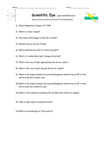 Scientific Eye Light & reflection Question Sheets