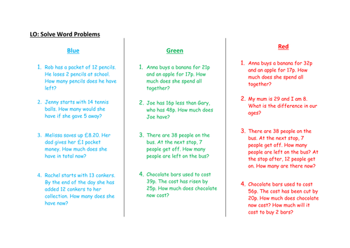 Differentiated Colour Word Problems