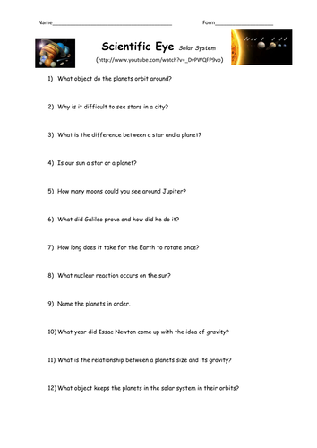 Scientific Eye solar system Question sheet