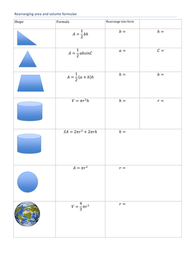 Change the subject of area and volume formulae