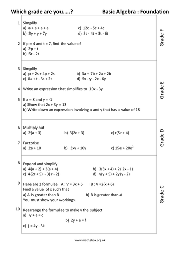 grade 1 for math sheets revision by Algebra GCSE worksheet Mathsbox1 Foundation Graded