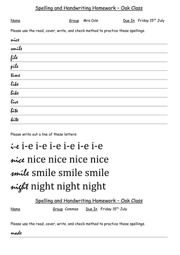 Homework spelling and handwriting sheets | Teaching Resources