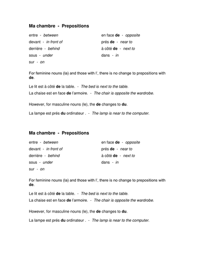 Ma chambre - using prepositions