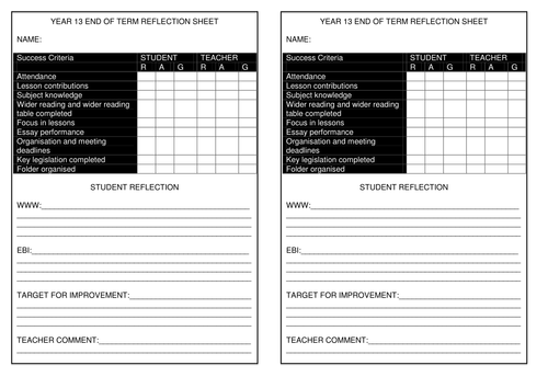 End Of Term Reflection Sheet 