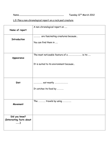 Non chronological report planning sheet year 5 image